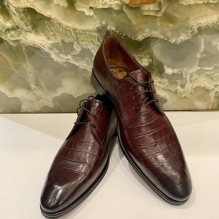 Burgundy croc-embossed leather dress shoes at Vernini Classico